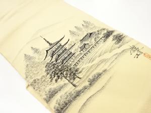 作家物　縮緬地手描き寺院に木々模様名古屋帯